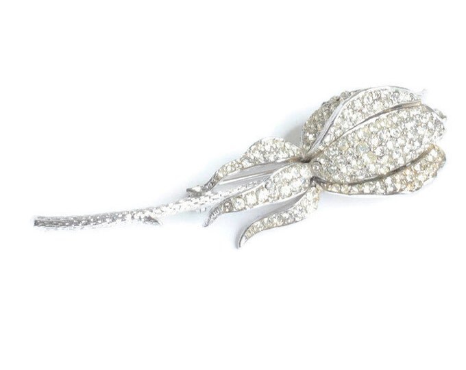 Rhinestone Rosebud Brooch CoroCraft Pave Set Stones Vintage Gift Bride Wedding