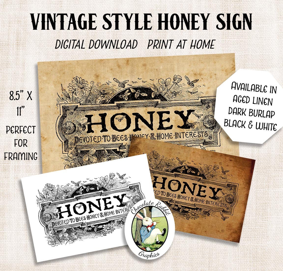 Honey Sign Vintage Bee Clip Art Printable Sign Farmhouse