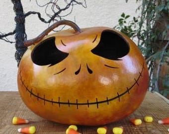 Halloween Gourd Jack Skellington Jack O Lantern Primitive Pumpkin Decoration ( inspired by Tim Burton )