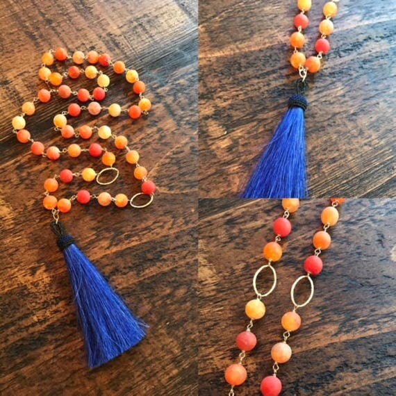 orange and blue horsehair tassel necklace