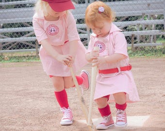 A League of Their Own Vintage inspired Rockford Peaches Dottie dress with Belt and front patch, Size 24 month or 2T, Birthday, wedding