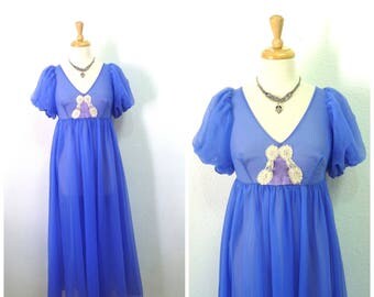 Vintage 60s Nightgown Iris Nylon Lingerie Empire waist Jenelle of California Size Small