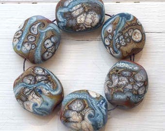 Lampwork Glass Bead Set, Six Organic Blue & Brown Etched Beads