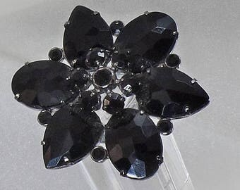 SALE Vintage Black Rhinestone Flower Brooch. Black Rhinestone Petal Pin.