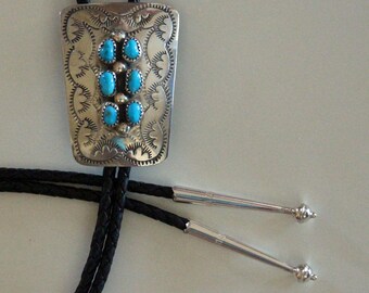 Navajo Silver Bolo Tie Turquoise Hand Stamped