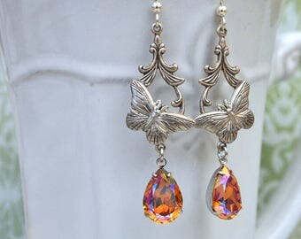 sterling silver earrings - BUTTERFLY IN MOTION - victorian style antiqued silver earrings with pear shaped Swarovski jewels