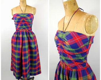 1950s Plaid Cotton Halter Dress / Colorful Plaid // 50s Cotton Dress // Summer Dress