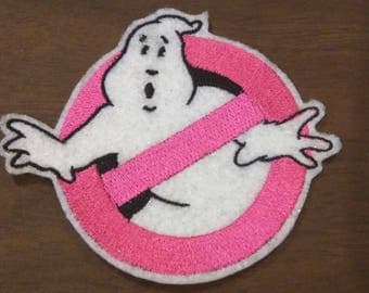 Hot pink Ghostbusters inspired logo, No Ghost embroidered iron on patch