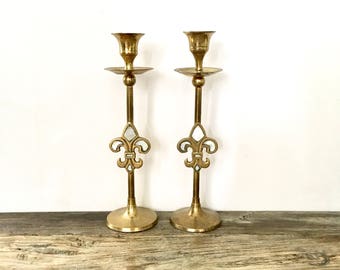 Fleur De Lis Brass Candlesticks with inlaid Mother of Pearl