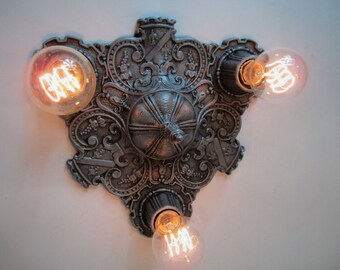 Vintage Antique Gothic Flush Mount Ceiling Light Art Deco Light Ceiling Light Decor Cast Iron Three Light 12" Diameter Stunning!