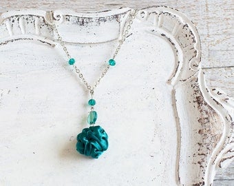 Emerald green fabric bead necklace, textile necklace, textile jewelry, Statement Necklace, Unique Gift for Her