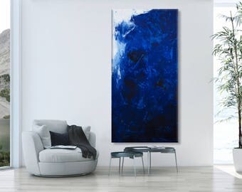 Large Abstract seascape painting horizontal blue grey white minimalist 'the beautiful unknown II' modern art wall decor