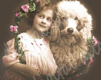 Printable Download GIRL w POODLE POSTCARD Reproduction - Colored Victorian Print Poster - 5 X 7...Shabby Chic Charm