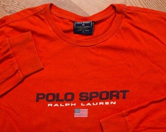 Ralph Lauren Polo Sport Long Sleeve T-Shirt, Dark Orange, Vintage 90s, Spell Out Name & USA Flag, Rap Hip Hop Fashion Apparel