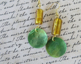 Green Mussel Shell And Gold Glass Beaded Earrings