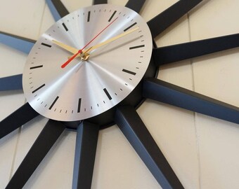 Classic 30.5" Vintage Starburst Wall Clock - Sunburst Atomic Eames Era Mid Century Modern 1950's 60's Silver Black