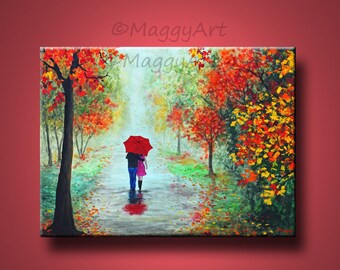 original abstract painting,Autumn rain, walking in rain,red umbrella,love couple,24x18 inch,on stretched canvas,great wedding gift