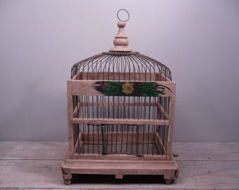 vintage birdcage / wood and wire / handpainted bird cage