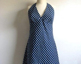 50OFF Event Vintage 1960s Scooter Dress Navy Blue White Mini Halter Dress 11-12