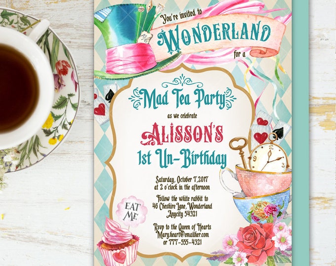 Alice in Wonderland Tea Party Baby Shower Invitation, Mad Hatter Tea Party Baby Shower Printable Invitation 6v.1
