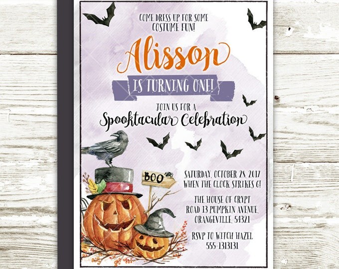 Halloween Birthday Invitation, Spooktacular Halloween Birthday Party Celebration Watercolor Pumpkin Crow and Bats Printable Invitation