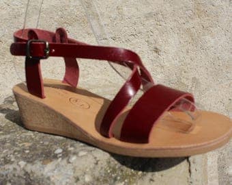 Greek sandals, Leather sandals pumps! Cork wedges sandals- red sandals sandales femmes , cuir