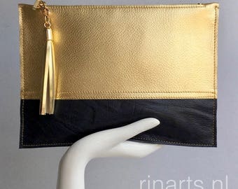 Leather Clutch / leather zipper pouch in gold and black leather. Bicolor clutch. Color block bag