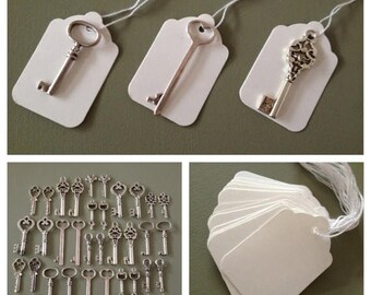 ON SALE Keys to Happiness - 100 Antique Silver Skeleton Keys & 100 White Tags - Skeleton Keys For Weddings, Escort Card Vintage Keys Wedding