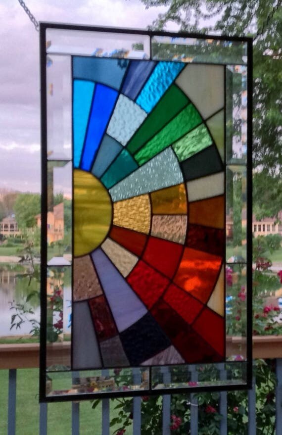 Stained glass panel window medium rainbow arch geometric