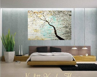 SALE ENORMOUS ORIGINAL gallery canvas-Textured,seafoam,white,rust,grey abstract landscape Tree Of Life painting by Nicolette Vaughan Horner