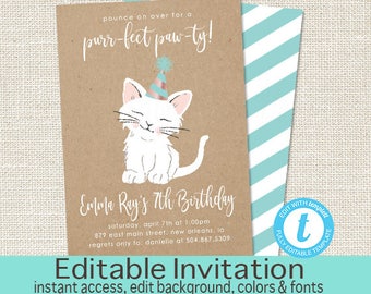 Cat Birthday Invitation, purr-fect paw-ty Invitation, Editable Birthday invite, Kraft Kitten Invitation, Cat, Templett, Instant Download
