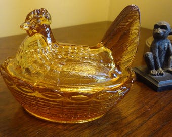 Amber Glass Hen on Nest