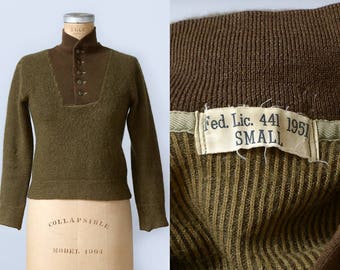 1951 Military Sweater Army Green US Military Button Down Sweater Fed Lic 441