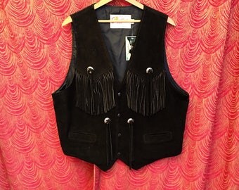 Vintage Fringed Leather Vest Black Suede XL L42