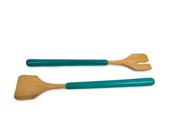 Vintage Wooden Salad Servers Teal Wood Handles Hand Carved Teak Wood Salad Tossers Round Handled Wooden Utensils