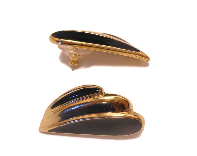 FREE SHIPPING Trifari 1980S earrings, black and gold, glossy black enamel and gold tone, pierced earrings
