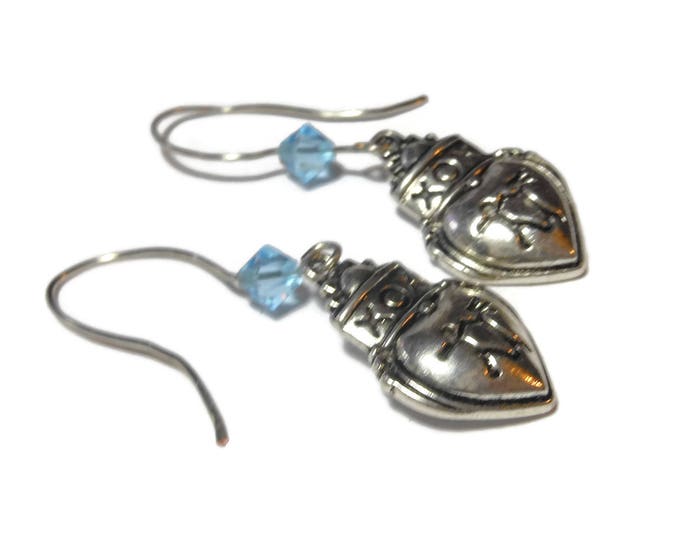 FREE SHIPPING Heart couple XO earrings, handmade wedding anniversary Valentine's Day, Swarovski blue crystal french hook pierced silver tone