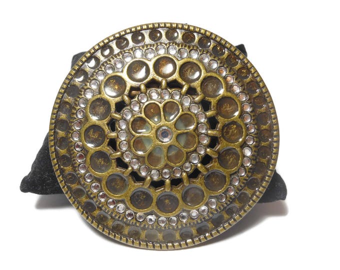 FREE SHIPPING Large round belt buckle, bronze ornate belt buckle, glass and rhinestone circles and teardrops, fancy western wear