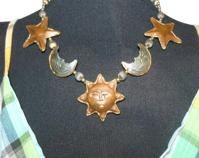 Celestial necklace, sun moon stars copper and silver tone beaded necklace with large charms, 80s Boho bohemian, Repoussé