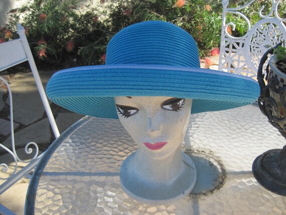 Garden Party Hat - Aqua Wide Brim - Scala Tag - Handcrafted Headwear - Beach Sun Hat
