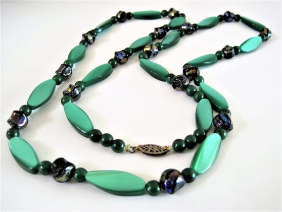 Green Lucite Bead Necklace - Variety of Lucite Beads - Large Green Beads - 32 Inch Long Flapper