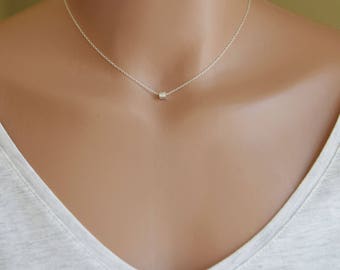 Silver Cube Bead Necklace / Dainty Silver Necklace / Simple Everyday Necklace / Geometric Layering Necklace, Minimal Necklace