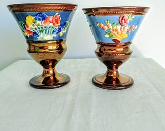 French Wine Goblets x 2, Antique, Ceramic Copper Lustre Glaze, 1830s - French Artists Workshop Glazed Ceramic Cups 1830s