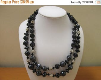ON SALE Vintage Double Strand Black Sculptured Glass and Rhinestone Necklace Item K # 1964