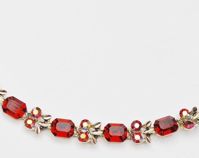 Red Rhinestone Tennis Bracelet - Aurora Borealis crystal - Gold tonemetal - Mid Century