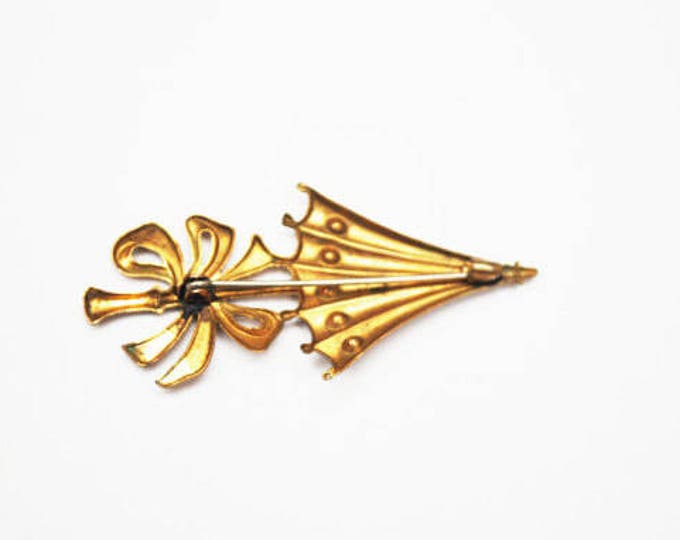 Umbrella Brooch - Gold with Blue Rhinestone - Figurine pin