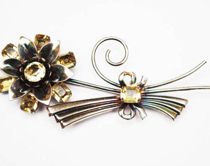 Sterling Flower Brooch - Yellow rhinestone - Art Deco - Silver Floral pin