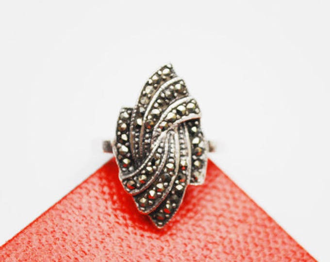 Sterling Ring - Silver Swirl - Pyrite Marcasite - Mexico Signed - size 7 1/2- Art Deco