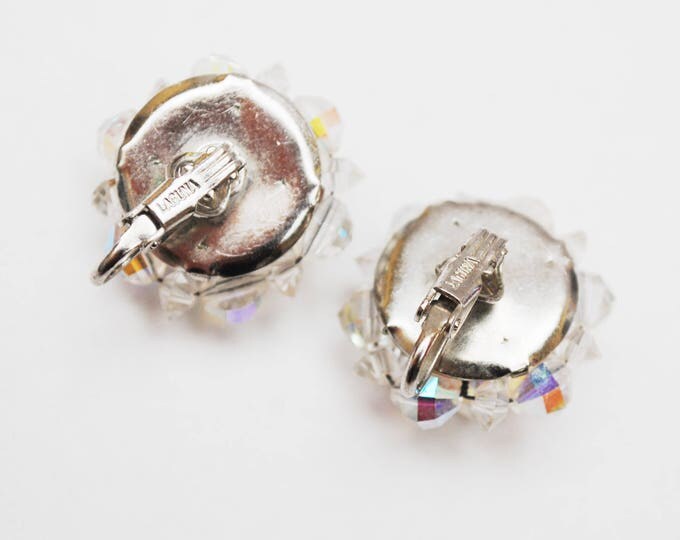 Crystal Bead Cluster Earrings - Signed Laguna - Aurora Borealis Glass beads - Clip on earrings