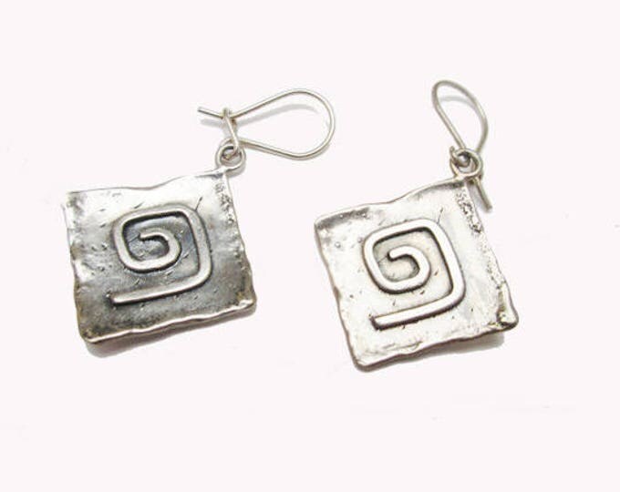 Sterling Silver Dangle Earrings - Hammer Square - modernistic swirl earring